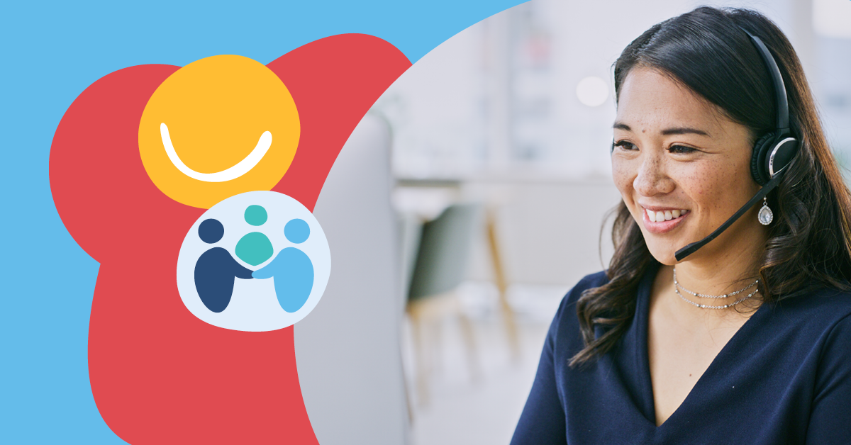 A woman wearing a headset smiles while working at a desk. Colorful abstract shapes and icons are in the background.