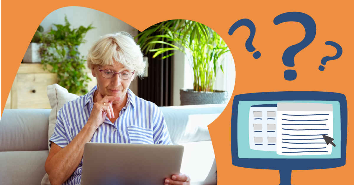 Elderly woman with glasses using a laptop, surrounded by question marks and a computer graphic, suggesting confusion or inquiry.