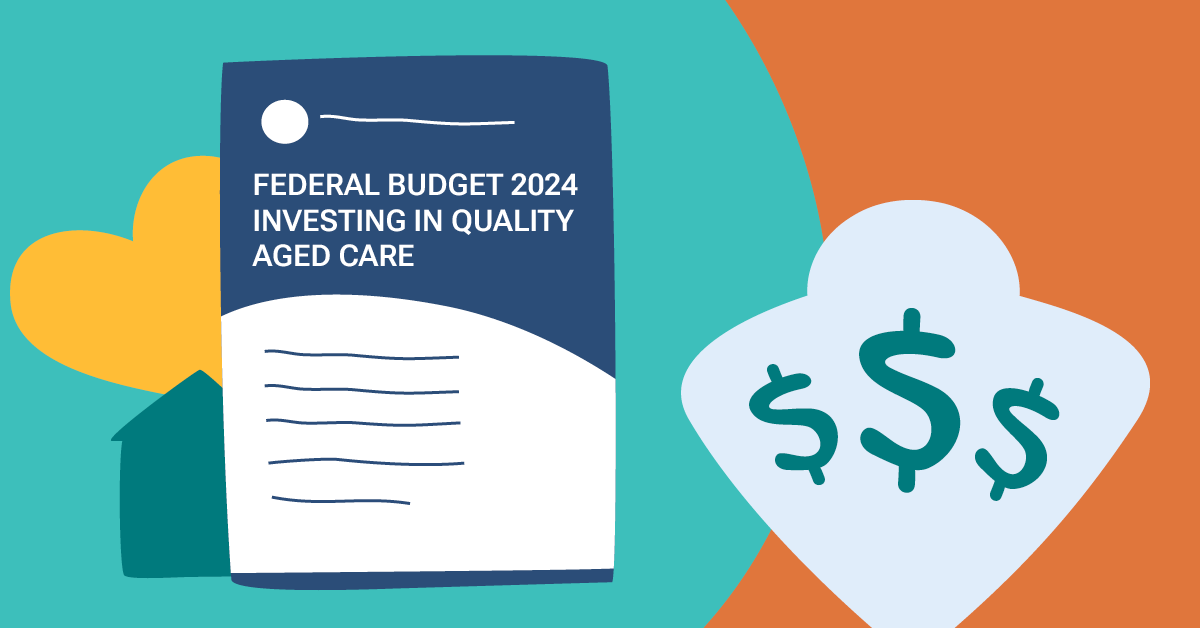 Illustration of a document titled "Federal Budget 2024: Investing in Quality Aged Care" with dollar signs on a shield-like shape.