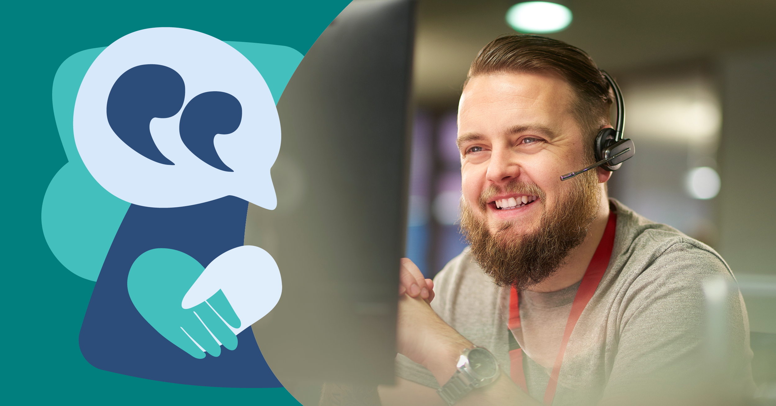 Smiling man with a headset works at a computer. Overlay of a handshake and speech bubble icon on the left.