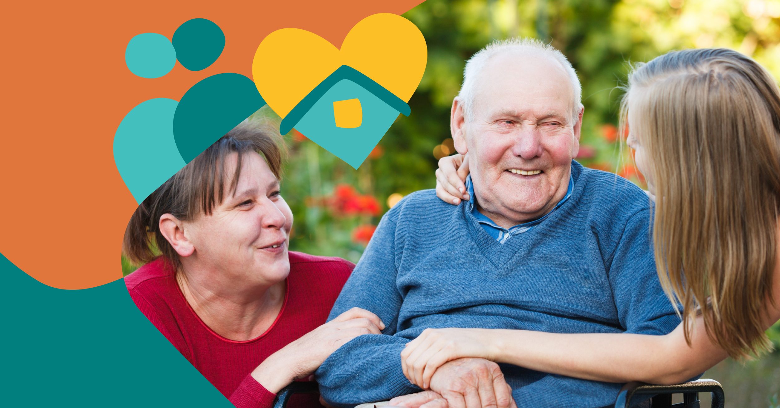 Two women smiling with an elderly man in a wheelchair outdoors, surrounded by colorful graphics of circles and a heart with a house icon.