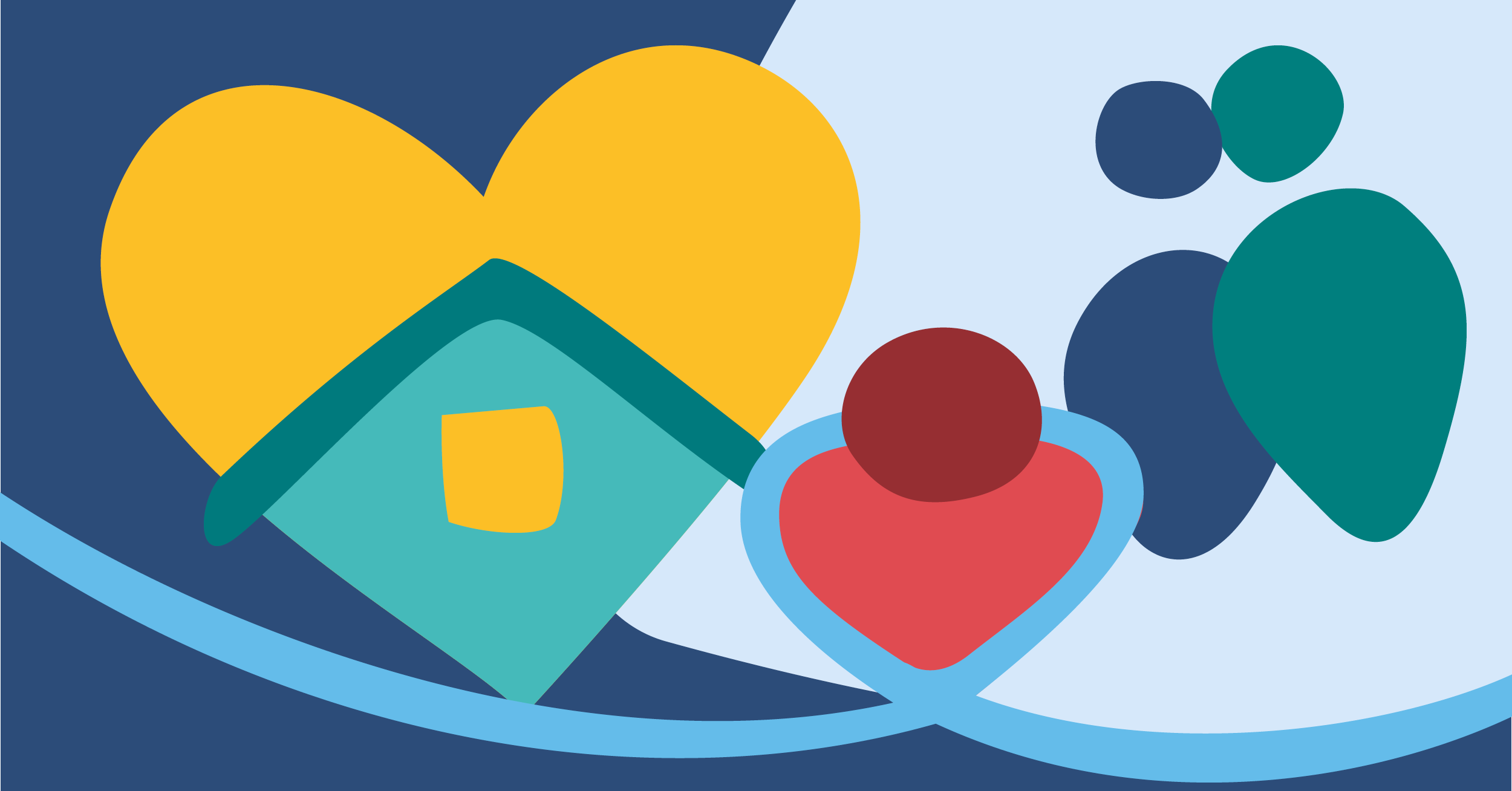 Abstract art with a yellow heart, teal house, red circle, and teal shapes, symbolizing family and home on a blue background.