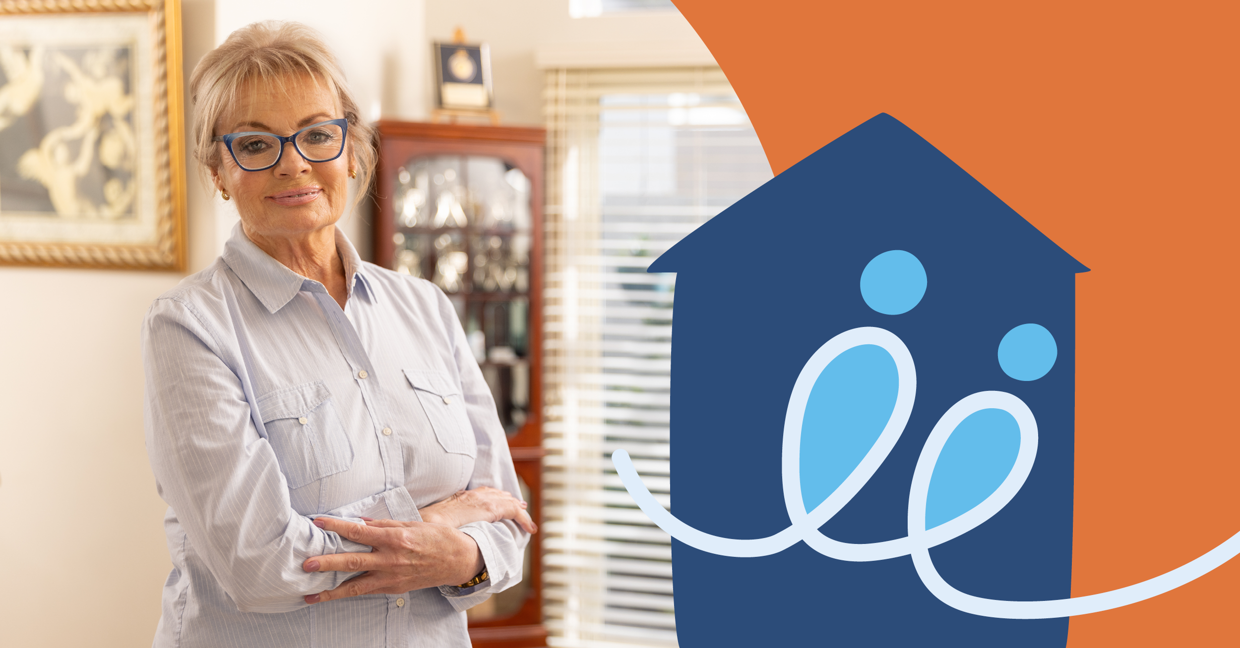 Smiling woman with glasses stands in a room, arms crossed. Abstract house and figures graphic overlays the right side of the image.