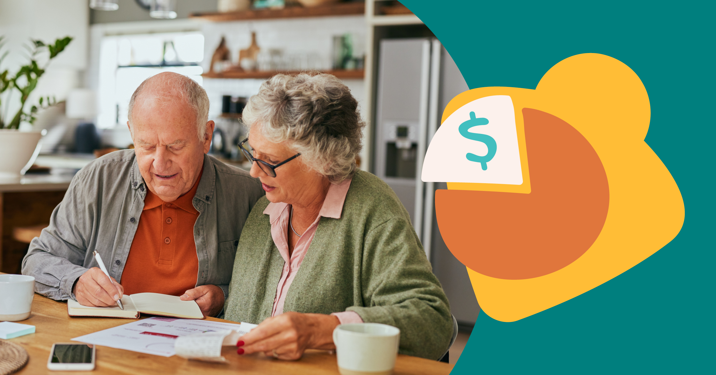 Elderly couple reviewing finances at a kitchen table, with a graphic of a pie chart and dollar symbol on the right.