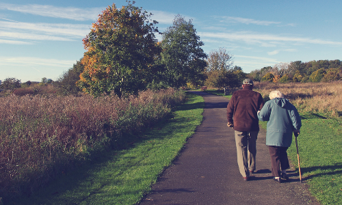 Elderly couple walking on a paved path through a park, surrounded by grass and autumn trees, under a clear blue sky.