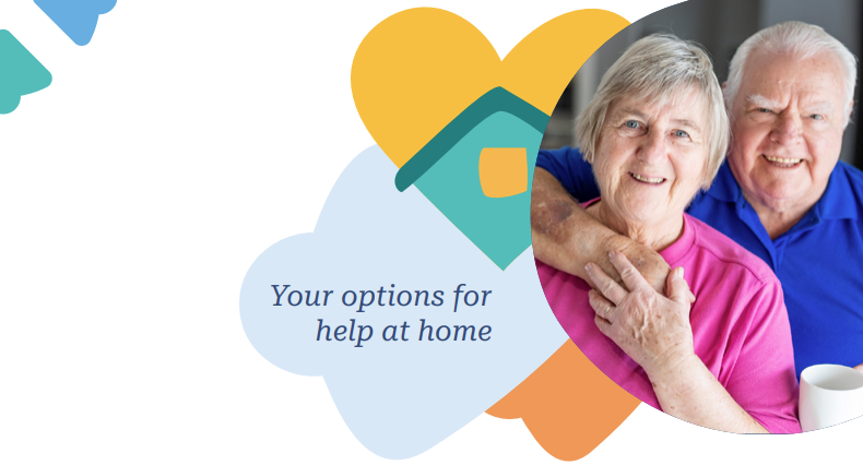 Elderly couple smiling, with text "Your options for help at home" beside them, surrounded by colorful heart and home icons.