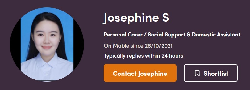 Profile of Josephine S, a personal carer and domestic assistant. Includes contact and shortlist buttons.