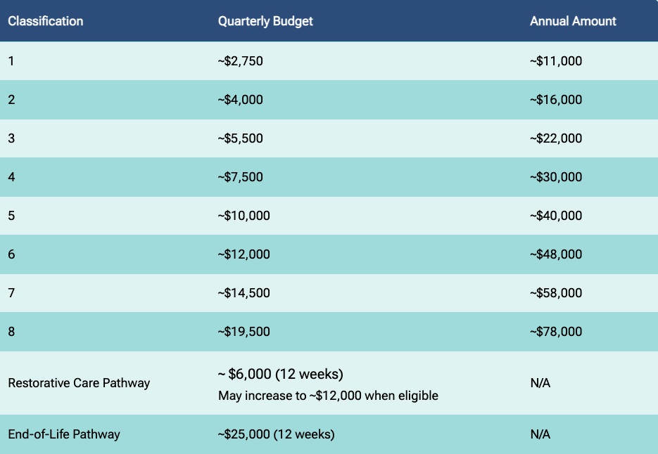 Table showing budget classifications 1-8 with quarterly and annual amounts. Includes Restorative and End-of-Life Pathways with specific details.