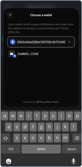 Paste the wallet address into Moonpay