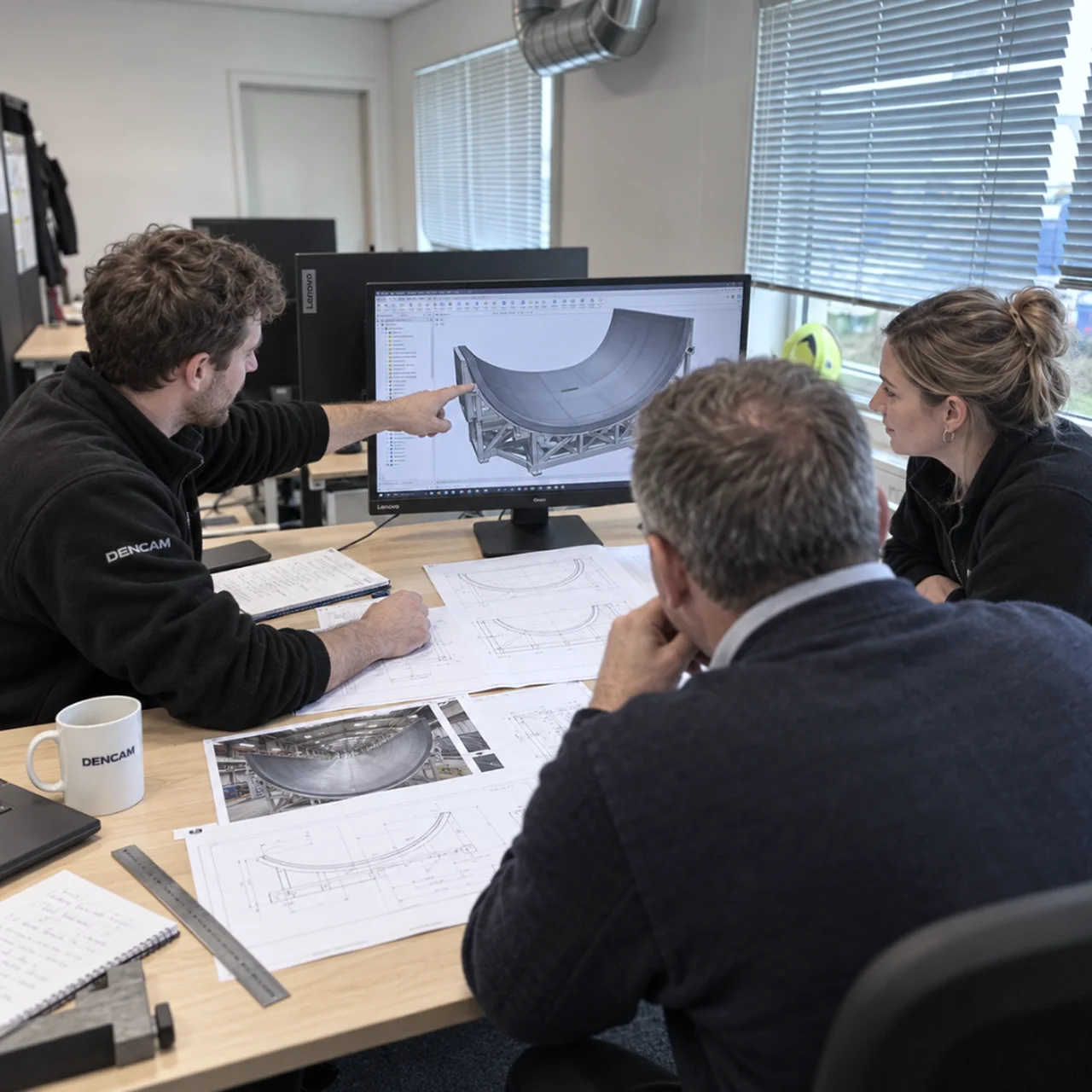 Dencam engineers reviewing a composite project at a meeting table