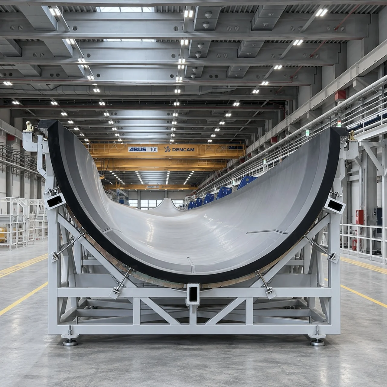 Wind turbine blade mould half in a production hall