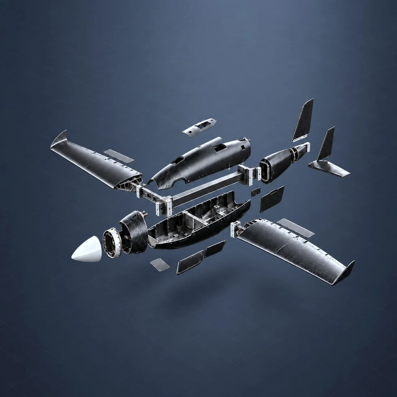 Exploded view of a composite drone airframe