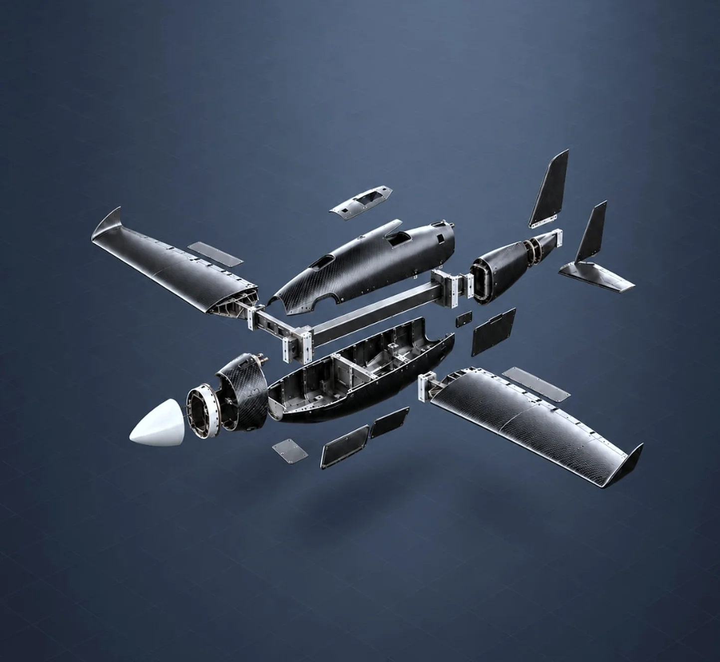 Exploded view of a composite drone airframe
