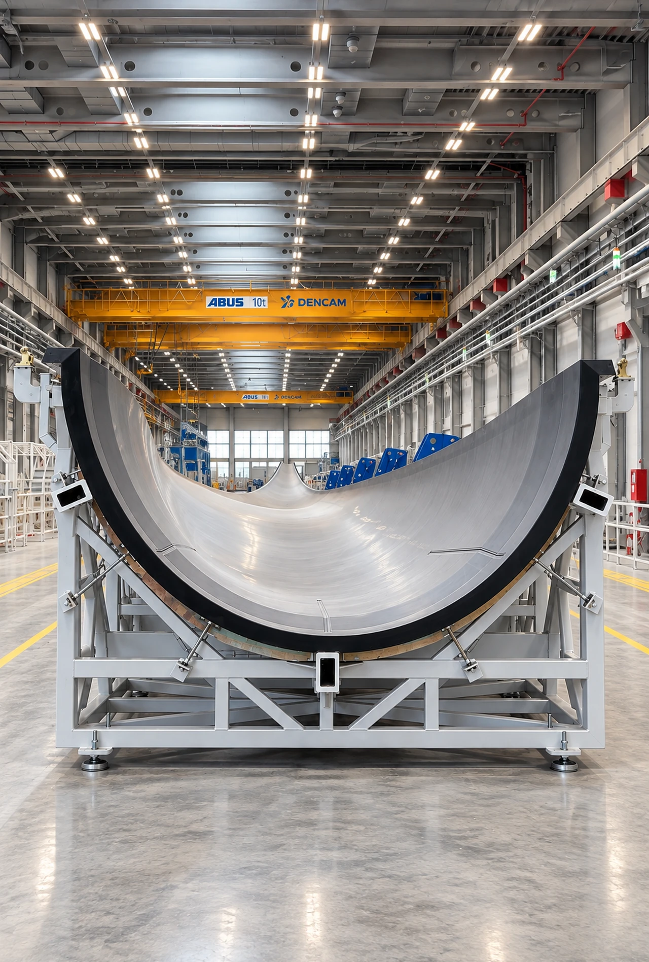 Composite blade mould half in a production hall