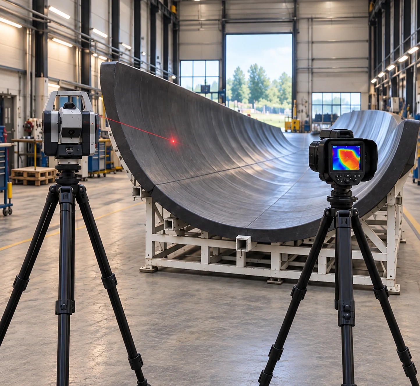 Laser tracker and thermal camera inspecting a blade mould
