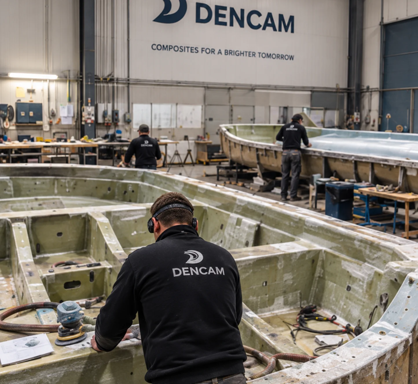 Dencam technician working inside a large blue composite mould