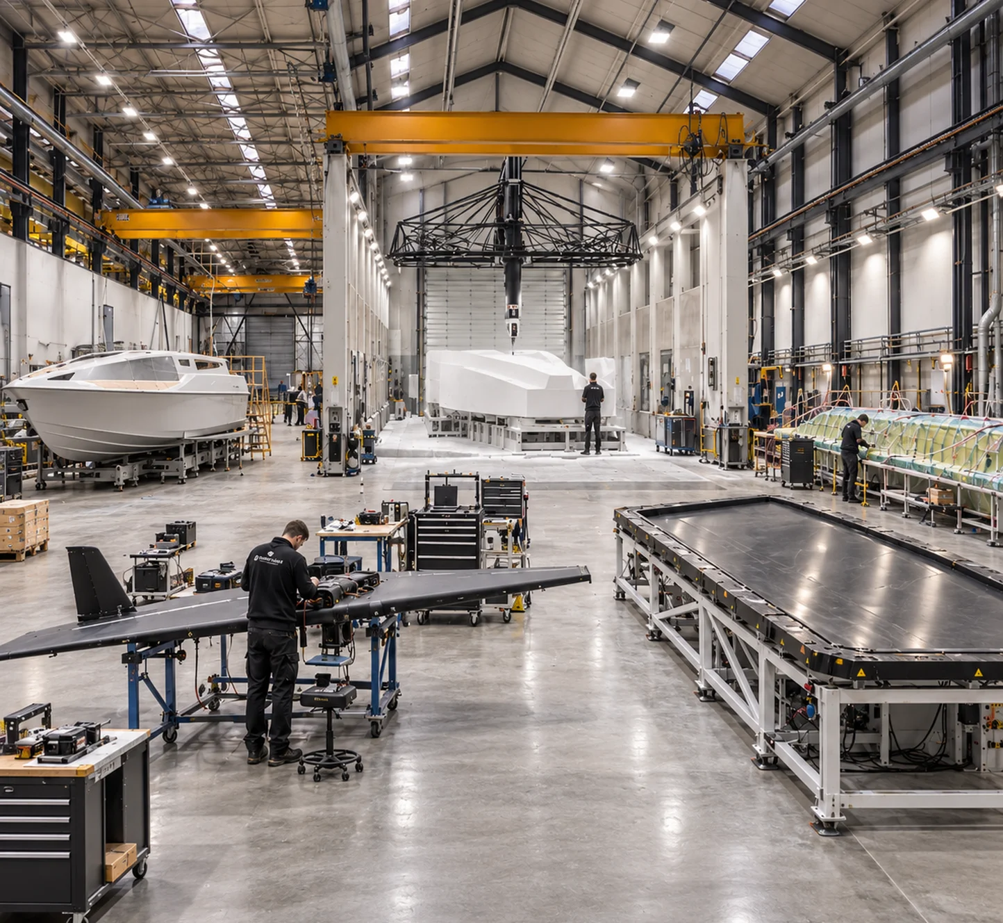Dencam production hall with composite moulds and work stations