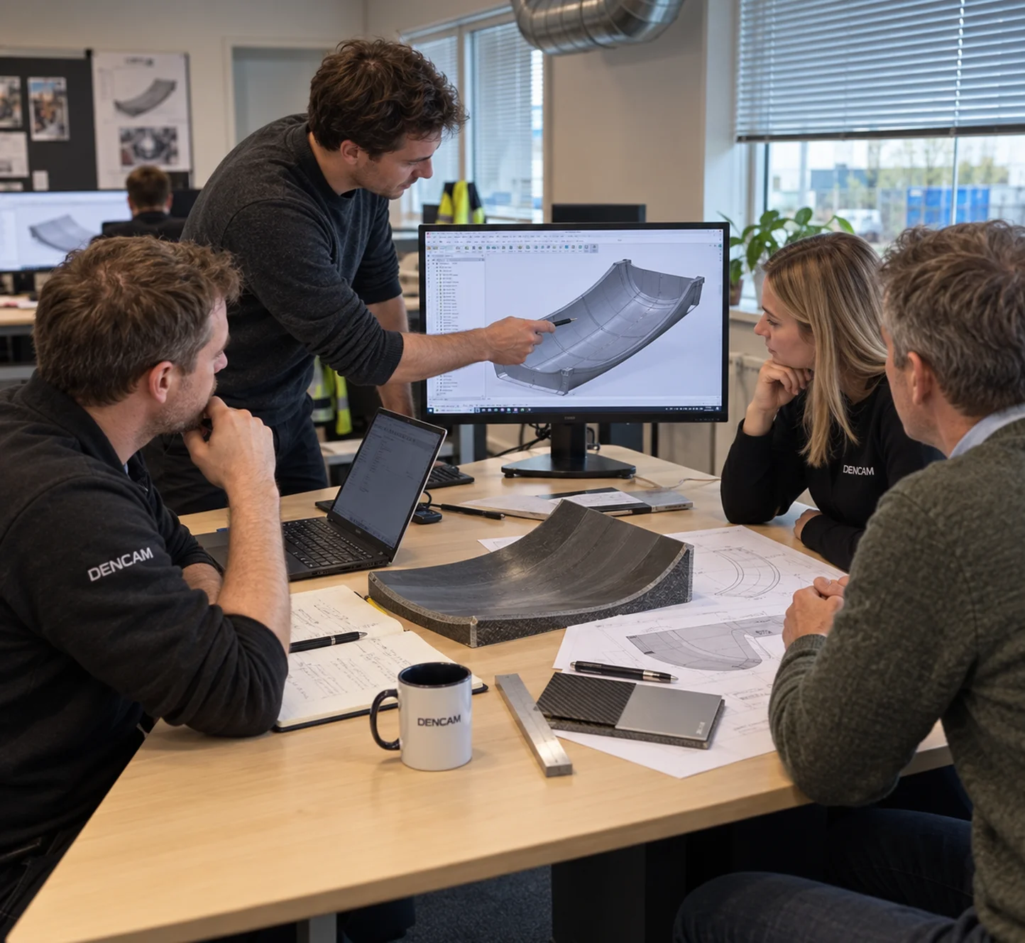 Dencam team reviewing a 3D model of a composite component
