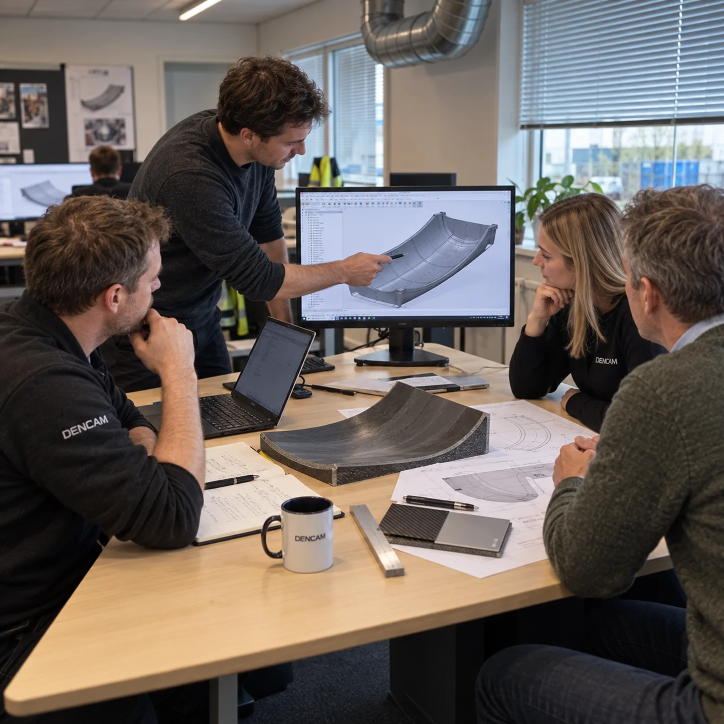 Dencam team reviewing a 3D model of a composite component