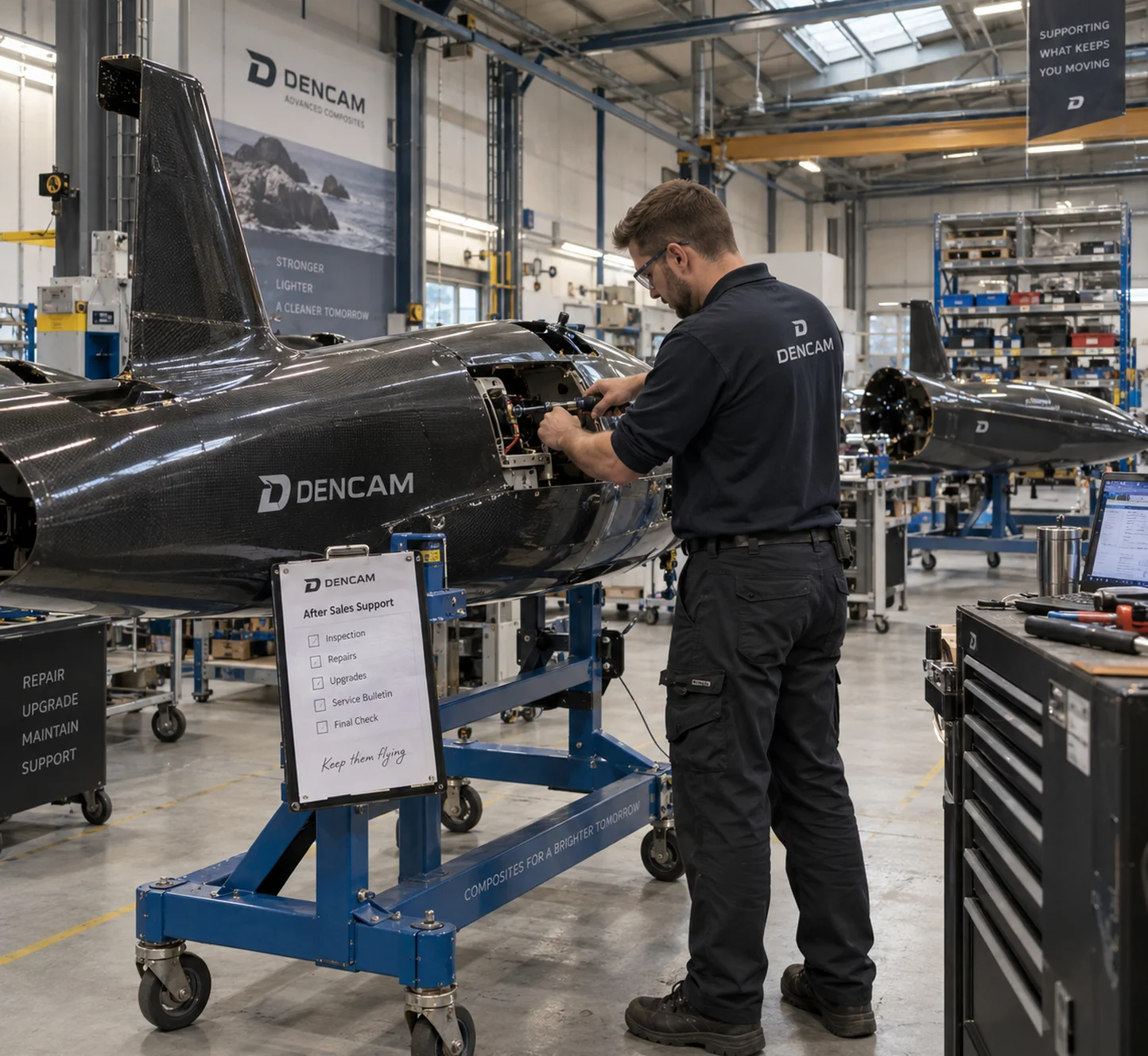 Dencam technician servicing a composite component