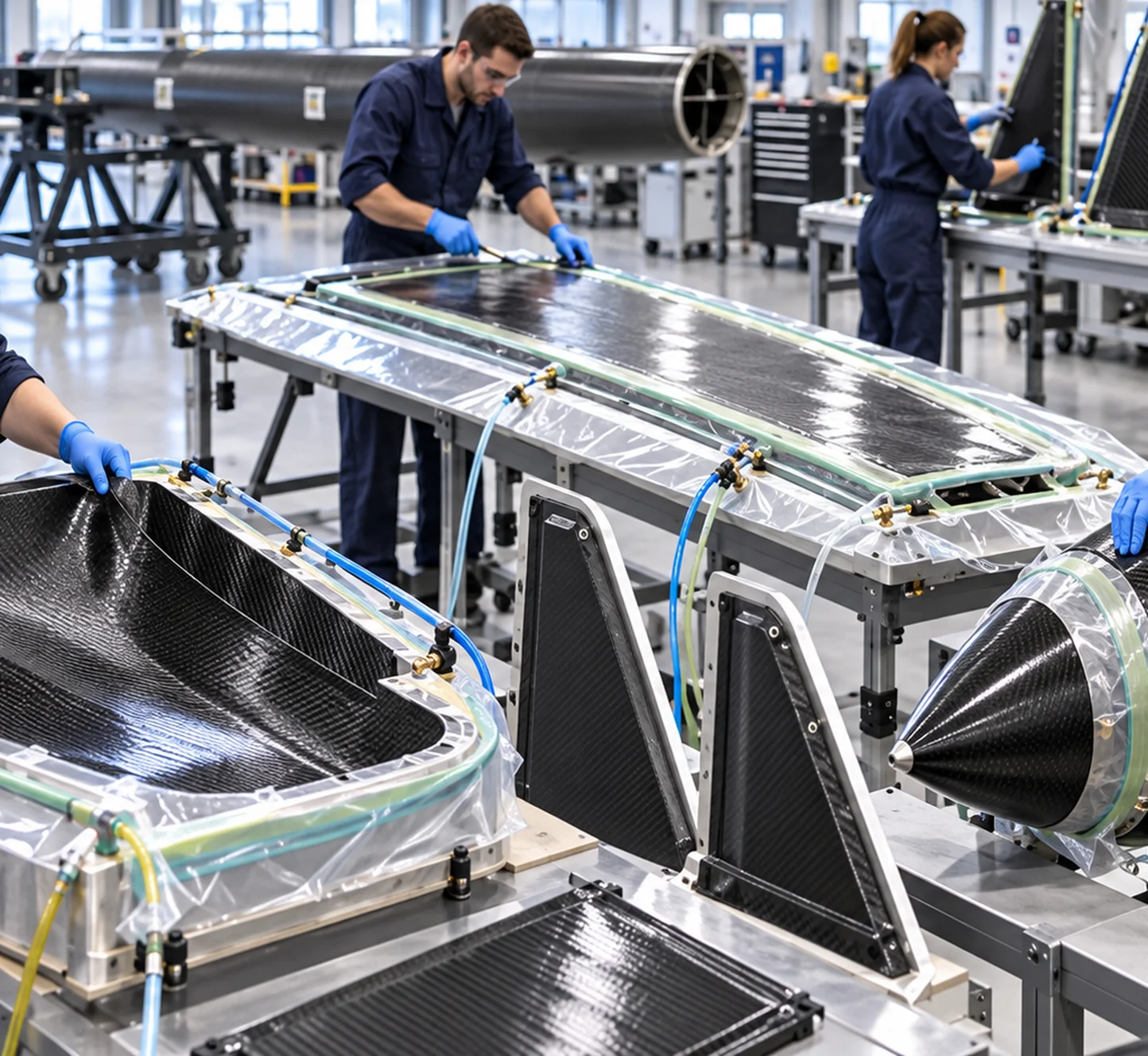 Pre-series composite parts being assembled in the workshop