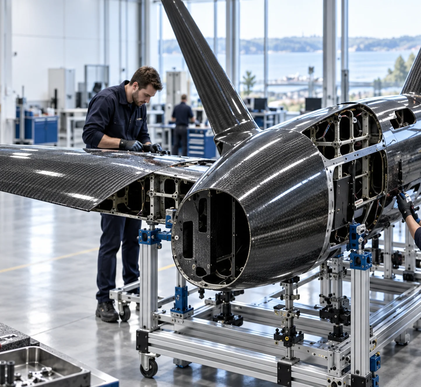 Technicians assembling a prototype composite structure
