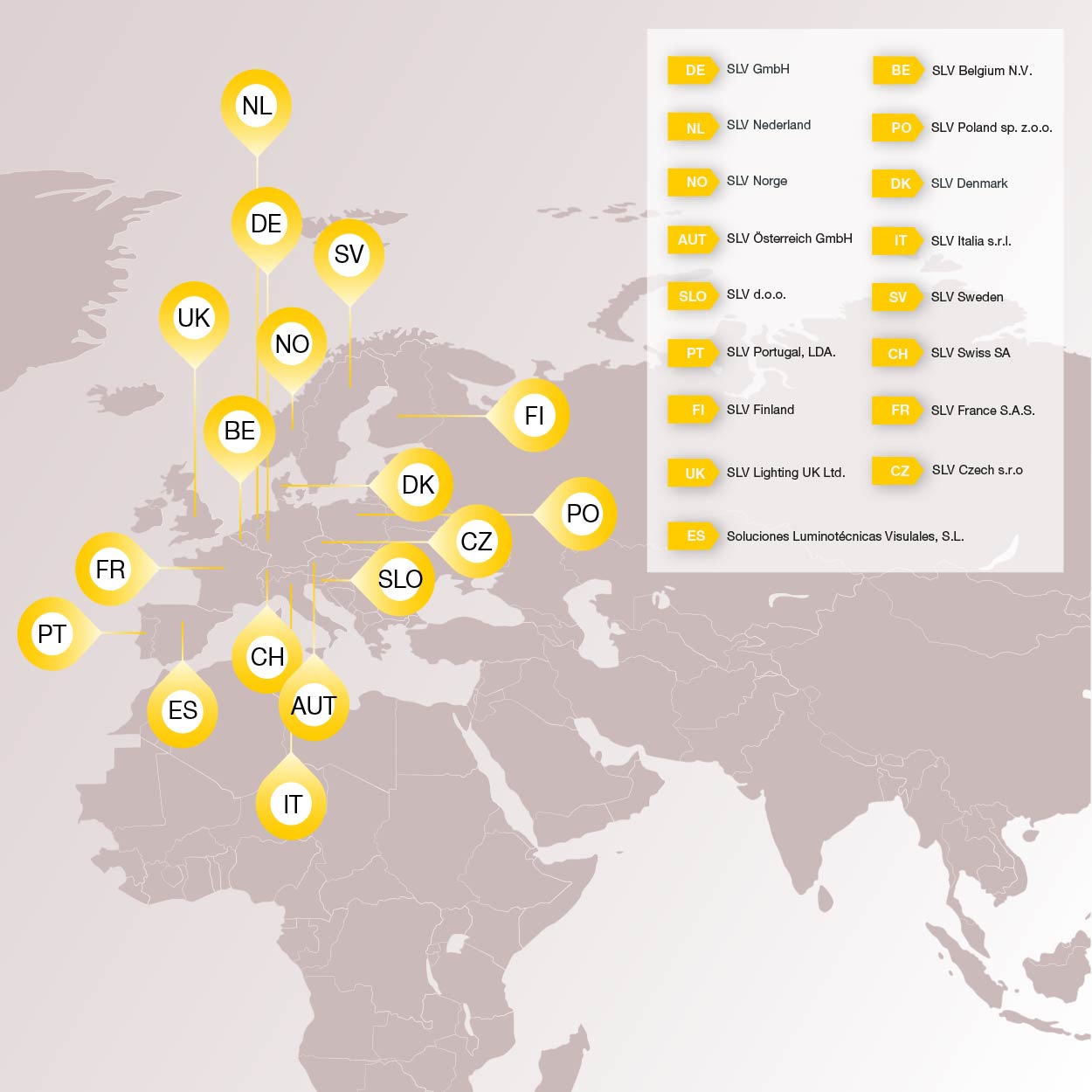 Europakarte mit den Standorten der SLV Landesgesellschaften in 18 Märkten sowie einer Übersicht der jeweiligen Niederlassungen.