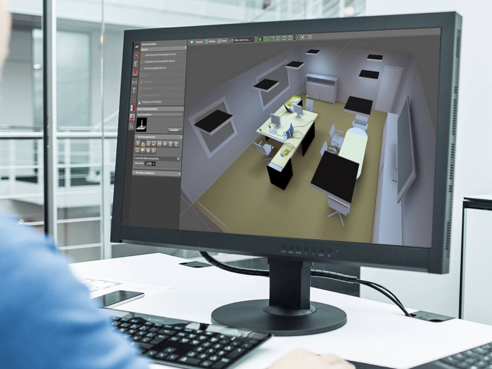 Écran affichant la visualisation 3D d'un espace de bureaux dans un logiciel professionnel de conception d'éclairage.