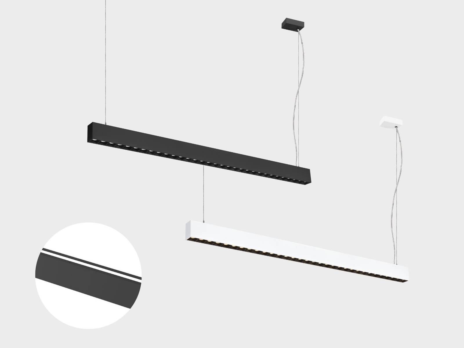 GLENOS® PRO Pendelleuchte in Weiß und Schwarz mit einer Nahaufnahme des Lichtaustritts nach oben.