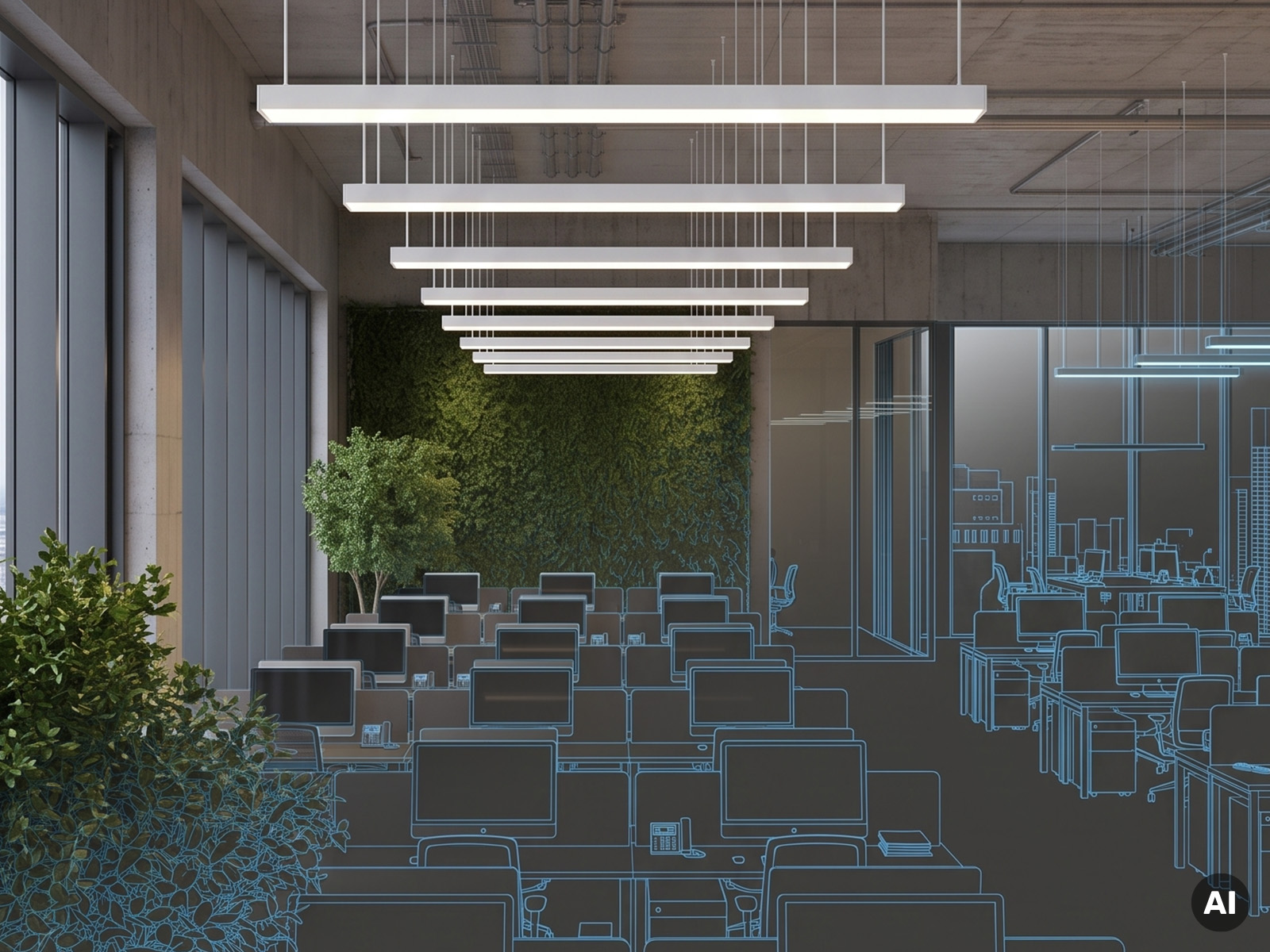 Modernes Großraumbüro mit linearen LED-Pendelleuchten für eine gleichmäßige Arbeitsplatzbeleuchtung