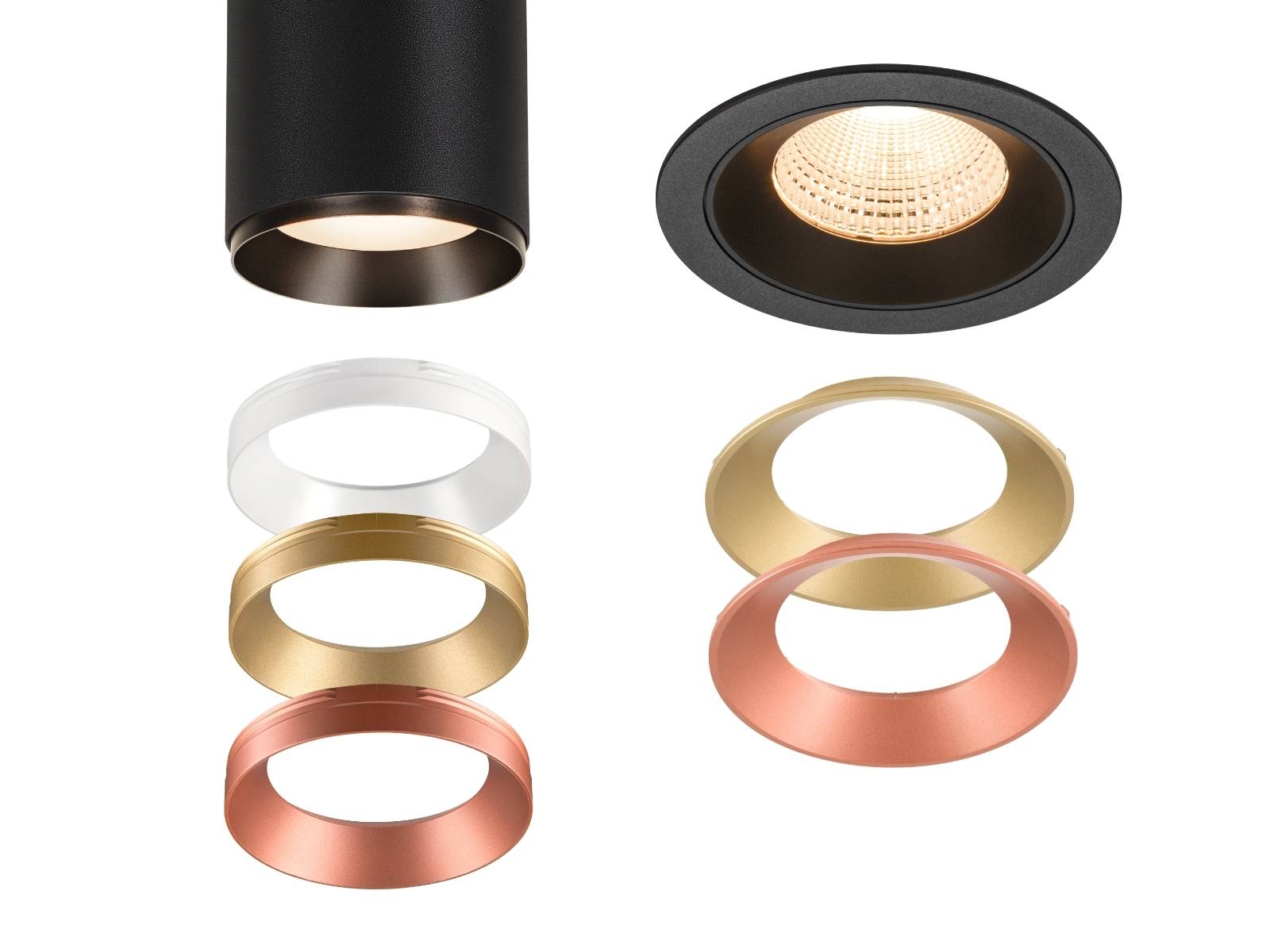 NUMINOS® Spot mit austauschbaren Zierringen in Weiß, Gold und Kupfer und NUMINOS® Deckeneinbauleuchte mit Reflektoren in Gold und Kupfer.