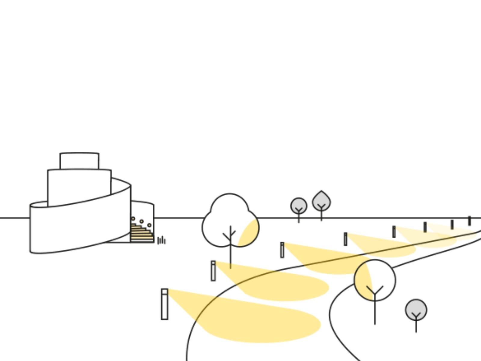Minimalistische Illustration eines weißen spiralförmigen Gebäudes neben einem Weg, der von stilisierten Bäumen und Standleuchten gesäumt ist, welche einen Lichtschein in Form eines gelben Kegels auf den Boden abgeben.