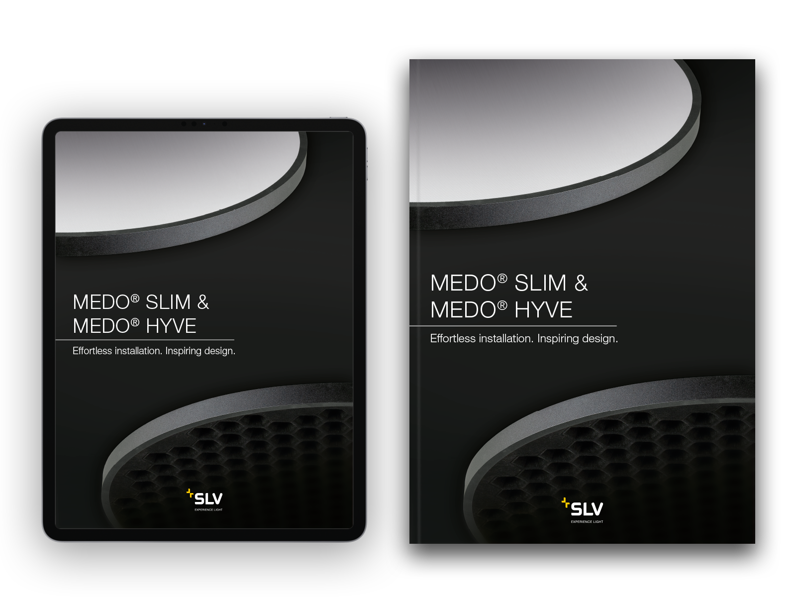 Broschüre zu MEDO® SLIM und MEDO® HYVE von SLV, erhältlich als Druckversion und als digitale Version auf einem Tablet