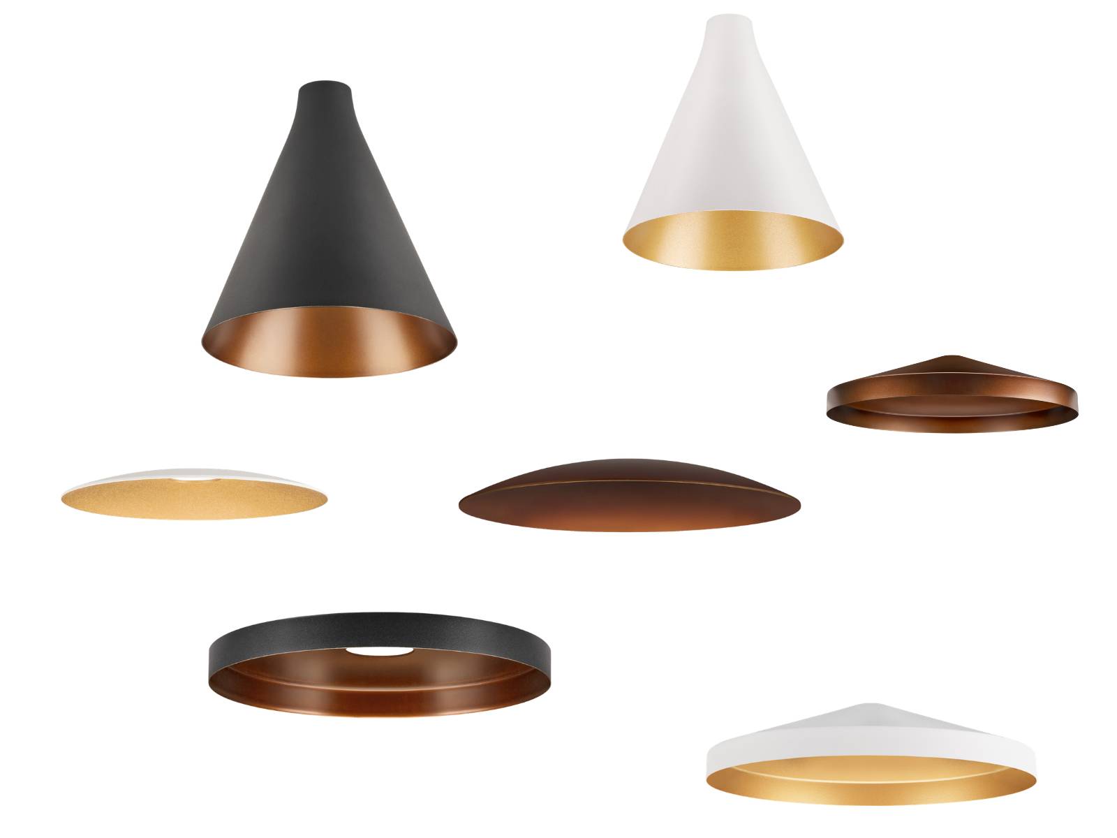 Die Varianten der LALU® Schirme: LALU® CONE in Schwarz/Bronze und in Weiß/Gold (oben), LALU® TETRA in Bronze (2. Reihe rechts oben), LALU® ELYPSE in Weiß/Gold (mittig), LALU® PLATE in Schwarz/Bronze (unten links) und LALU® TETRA in Weiß/Gold (unten rechts).