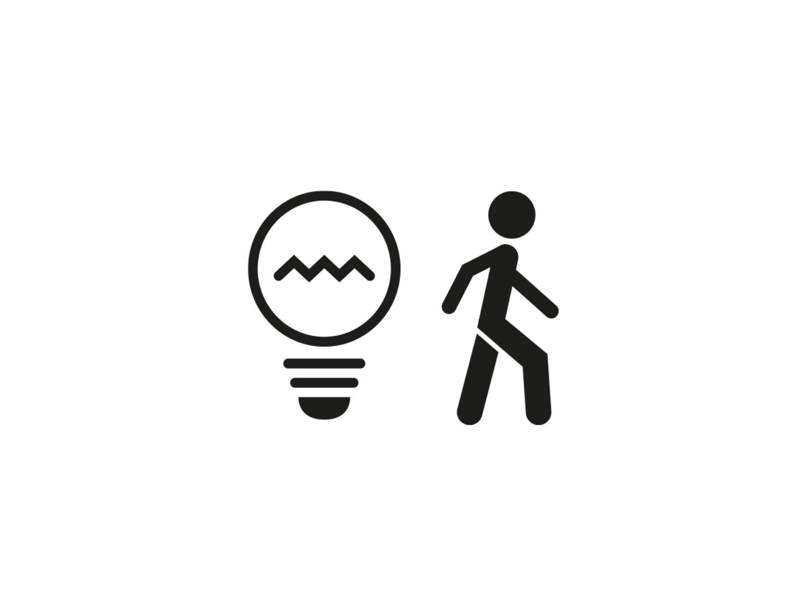 Silhouette einer Person, die sich von einer Glühbirne entfernt, mit verschnörkelten Linien und Bewegungslinien, die Innovation oder Ideen in Bewegung suggerieren.