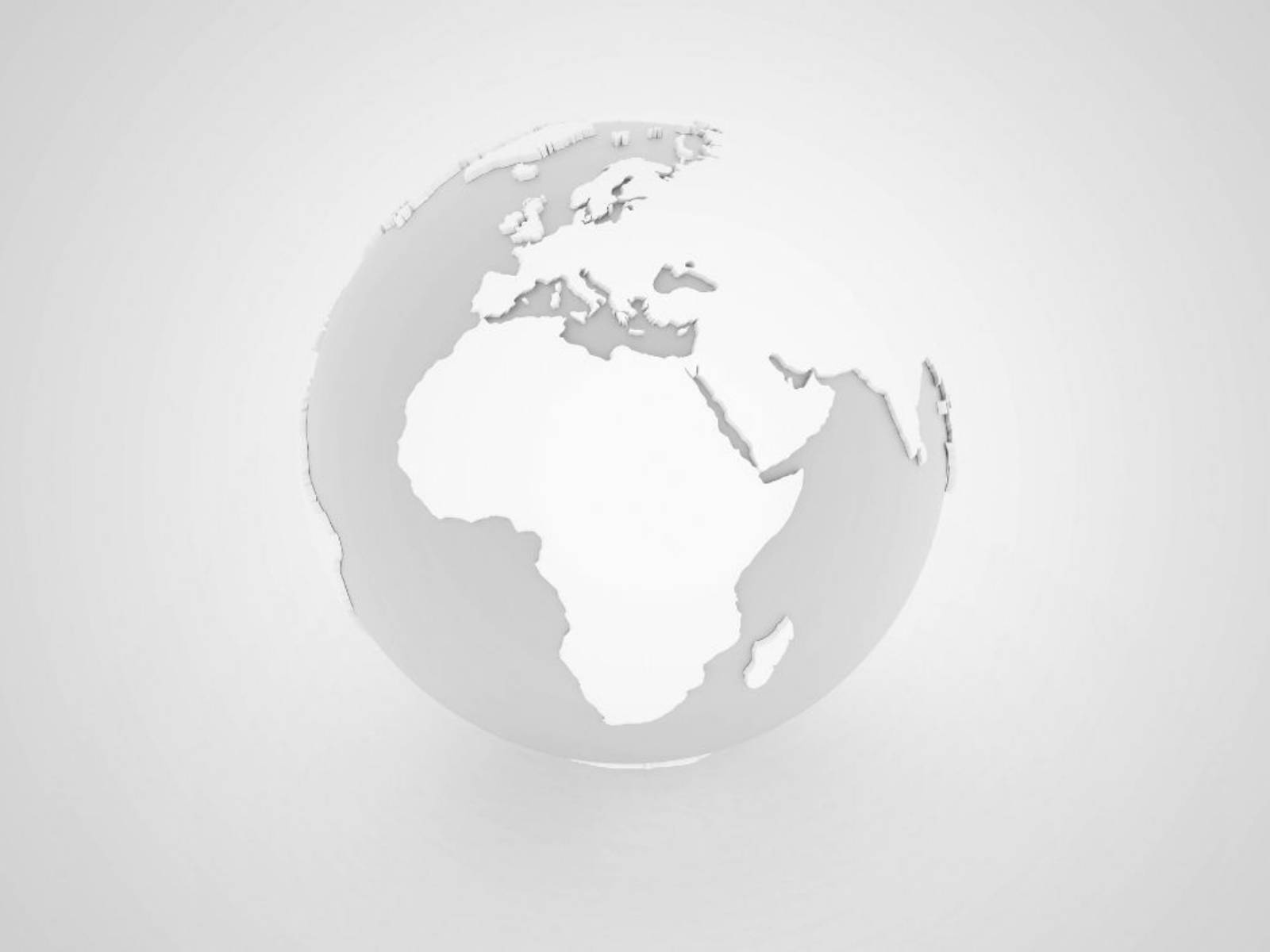 Ein minimalistischer, dreidimensionaler Globus in hellem Weiß und Grau, der den afrikanischen und europäischen Kontinent auf schlichtem Hintergrund zeigt.