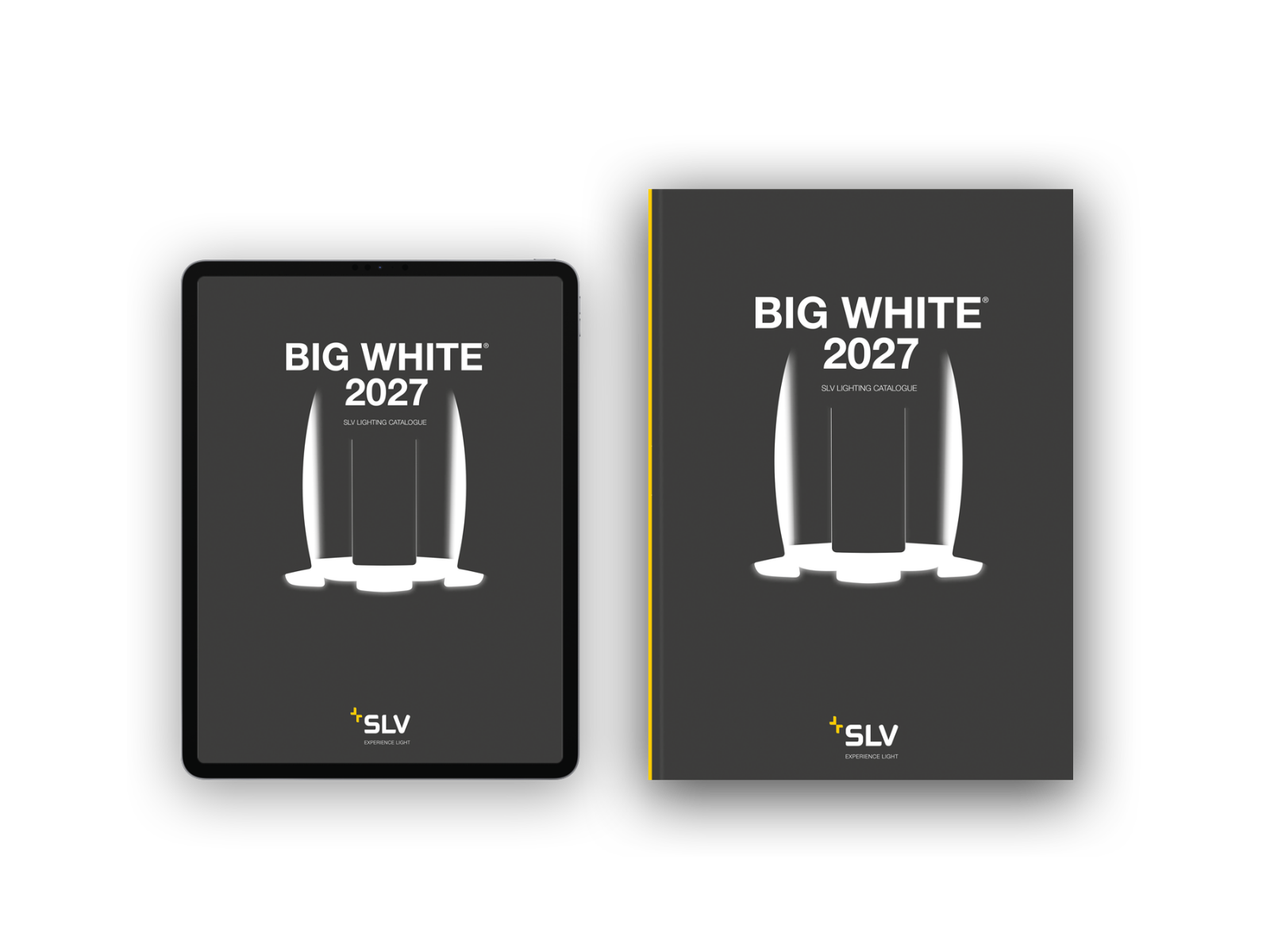 BIG WHITE® 2027 Lichtkatalog von SLV als Printausgabe und digitale Version auf einem Tablet