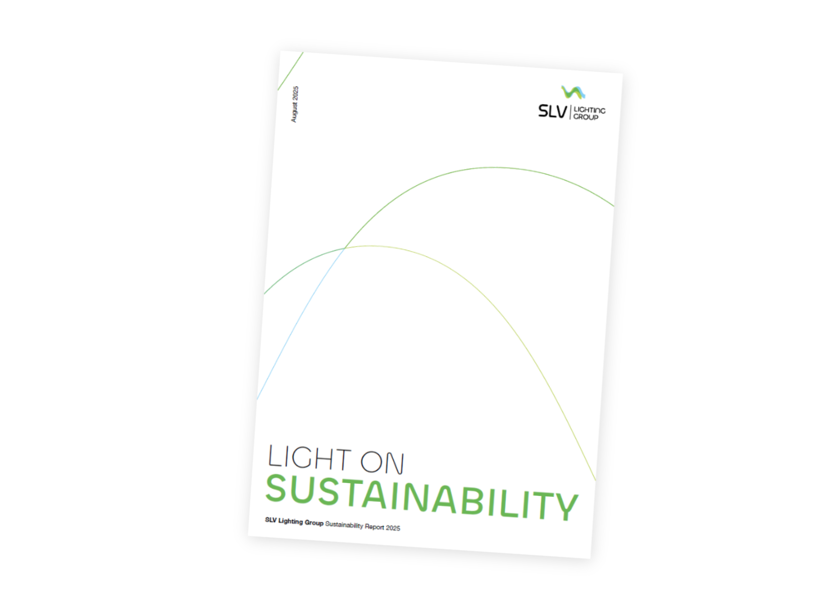 Die Titelseite des weißen Nachhaltigkeitsberichts mit geschwungenen grünen Linien und dem großen Titel „LIGHT ON SUSTAINABILITY“.