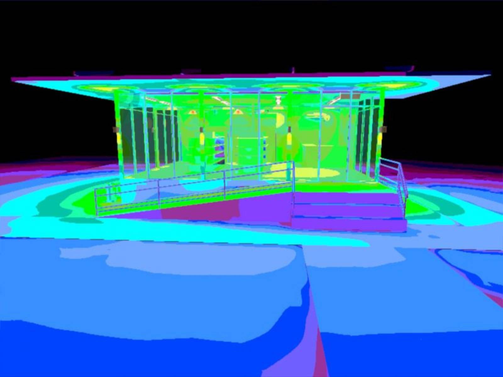 Rendu en fausses couleurs d'un calcul d'éclairage pour un bâtiment accessible équipé d'une rampe.