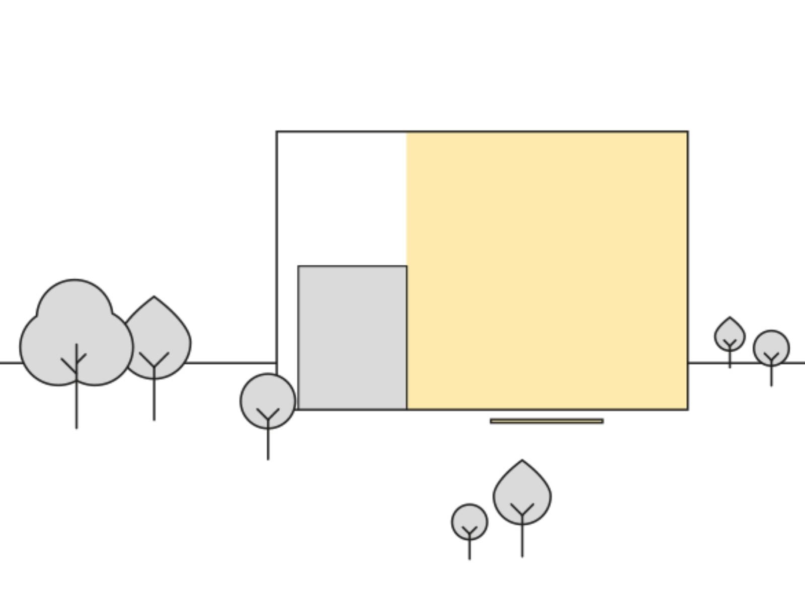 Minimalistische Illustration eines geometrischen Gebäudes, dessen Fassade von unten beleuchtet wird, was durch eine gelbe Fläche verdeutlicht wird. Umgeben ist es von stilisierten grauen Bäumen auf weißem Hintergrund.