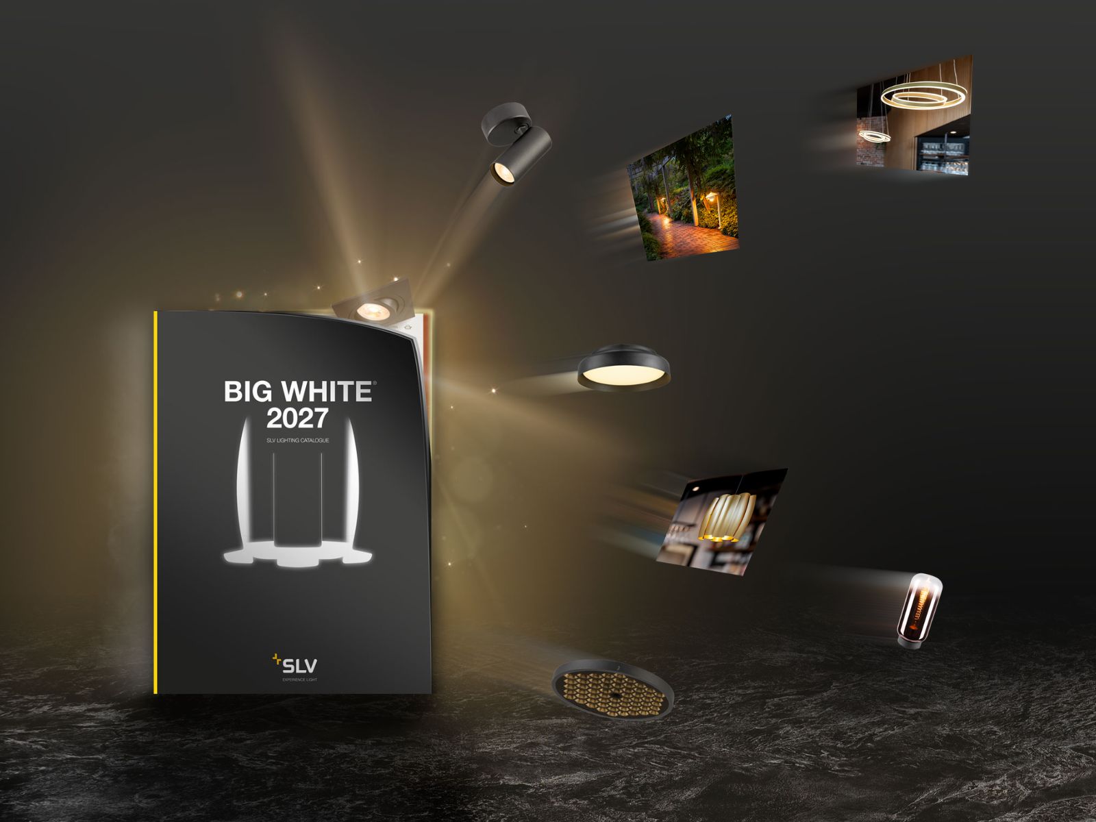 Catálogo BIG WHITE® 2027 de SLV con luminarias suspendidas e imágenes de aplicación, que simbolizan la diversidad de productos y las nuevas soluciones de iluminación.