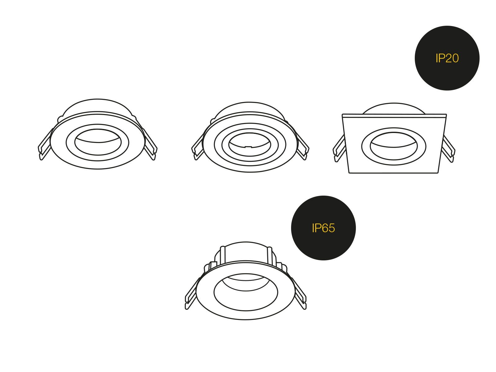 Schematische Darstellung von drei runden und einer quadratischen Einbauleuchte mit den Schutzarten IP20 und IP65, die verschiedene Einbauperspektiven zeigt.