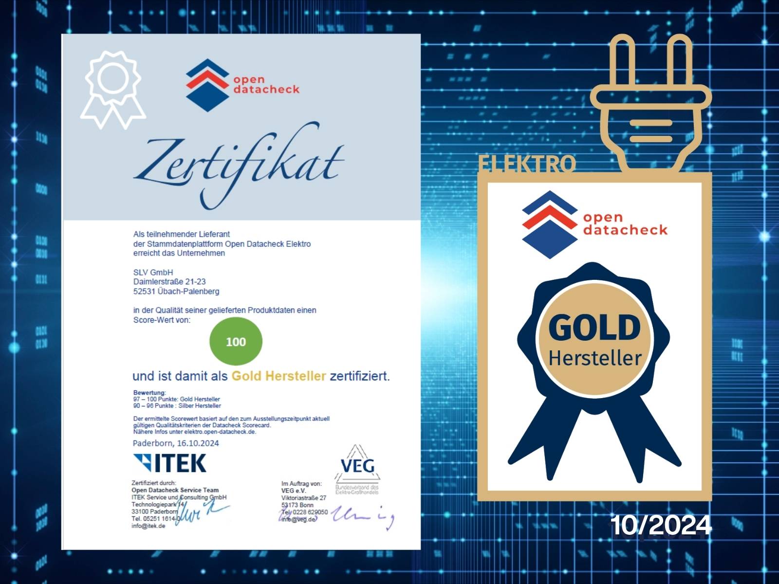 Zertifikat mit der Aufschrift „Zertifikat“ und goldenem Herstellerlogo von Open Datacheck, vor einem Hintergrund mit digitalem Muster und dem Datum 10/2024.