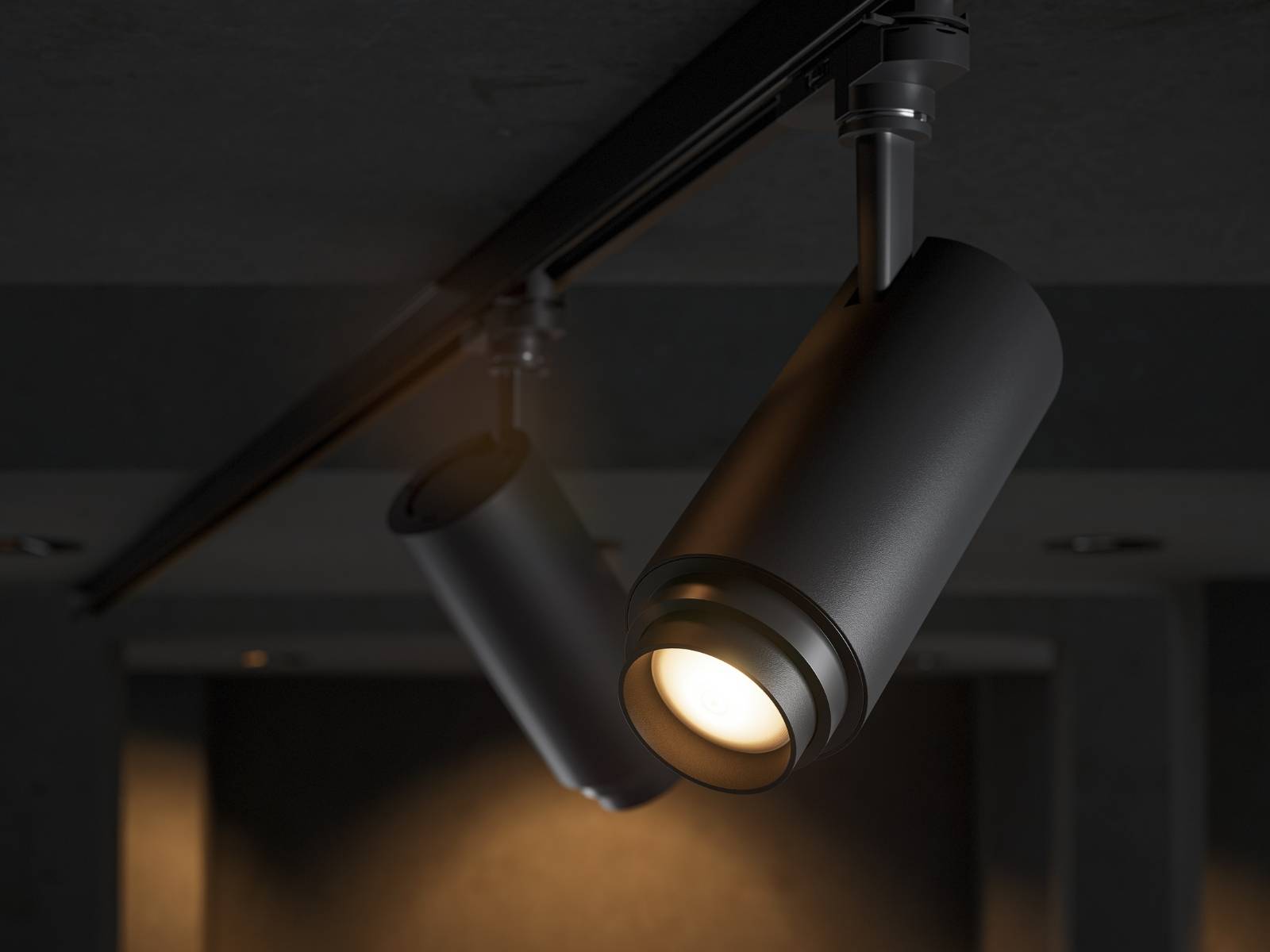 Zwei minimalistische, mattschwarze LED-Schienenstrahler in Zylinderform an einer schwarzen Stromschiene an der Decke.
