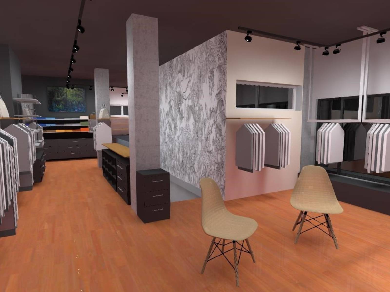 Visualisation 3D d'un espace de vente éclairé par des systèmes sur rails et des projecteurs.