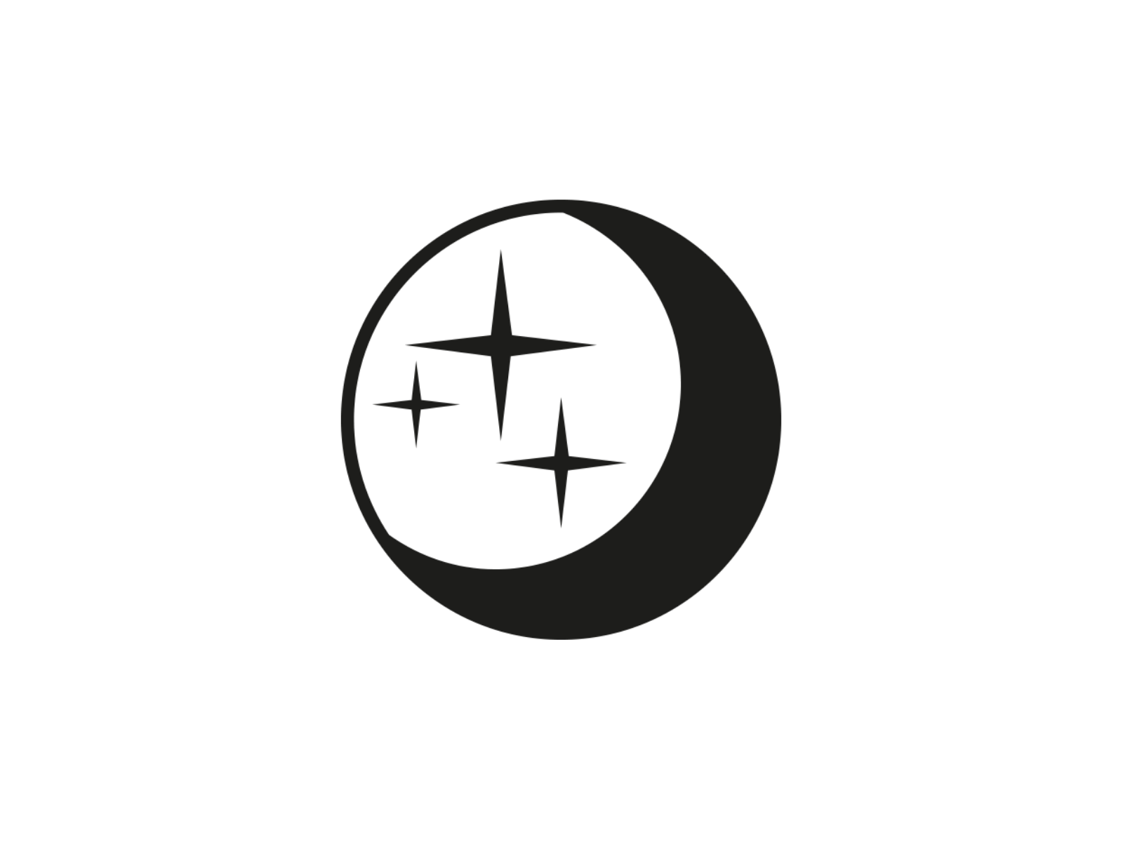 Icon “Dark Sky”. Ein schwarzer Halbmond mit drei Sternformen darin, vor einem transparenten Hintergrund.