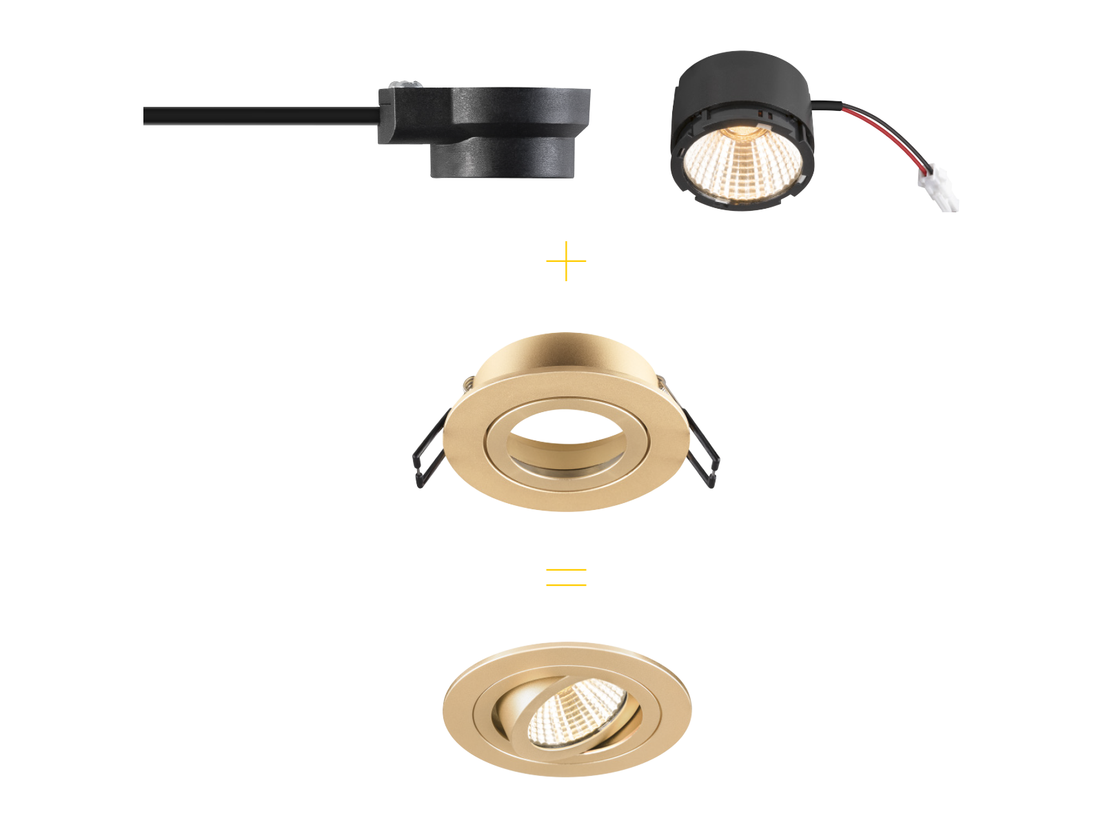 Bestandteile der NEW TRIA: ein Treiber, ein LED-Modul und eine goldene Fassung, zunächst einzeln dargestellt und anschließend zusammengebaut.