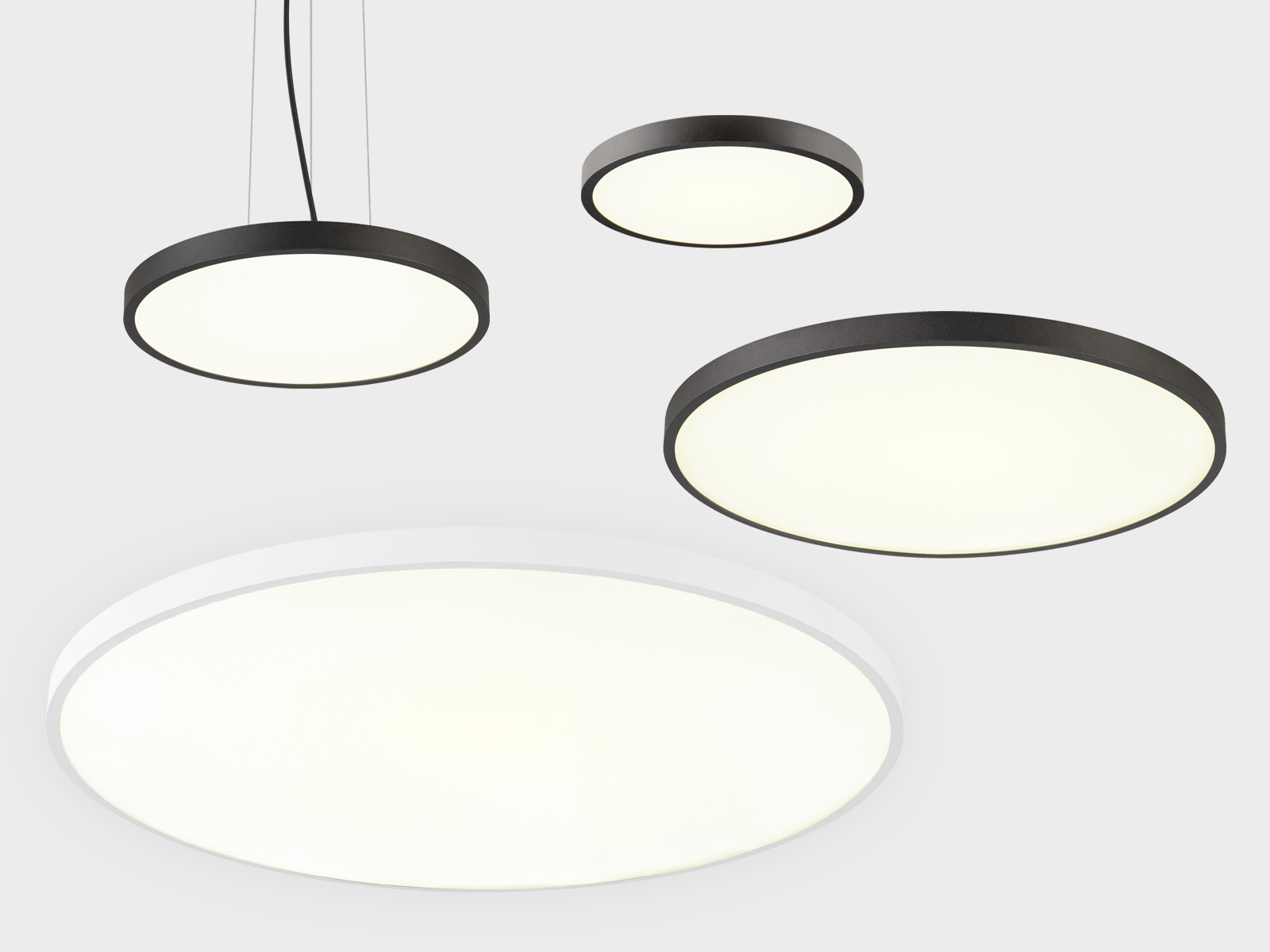 Luminarias MEDO® SLIM de SLV, disponibles como lámparas colgantes y de techo en blanco y negro