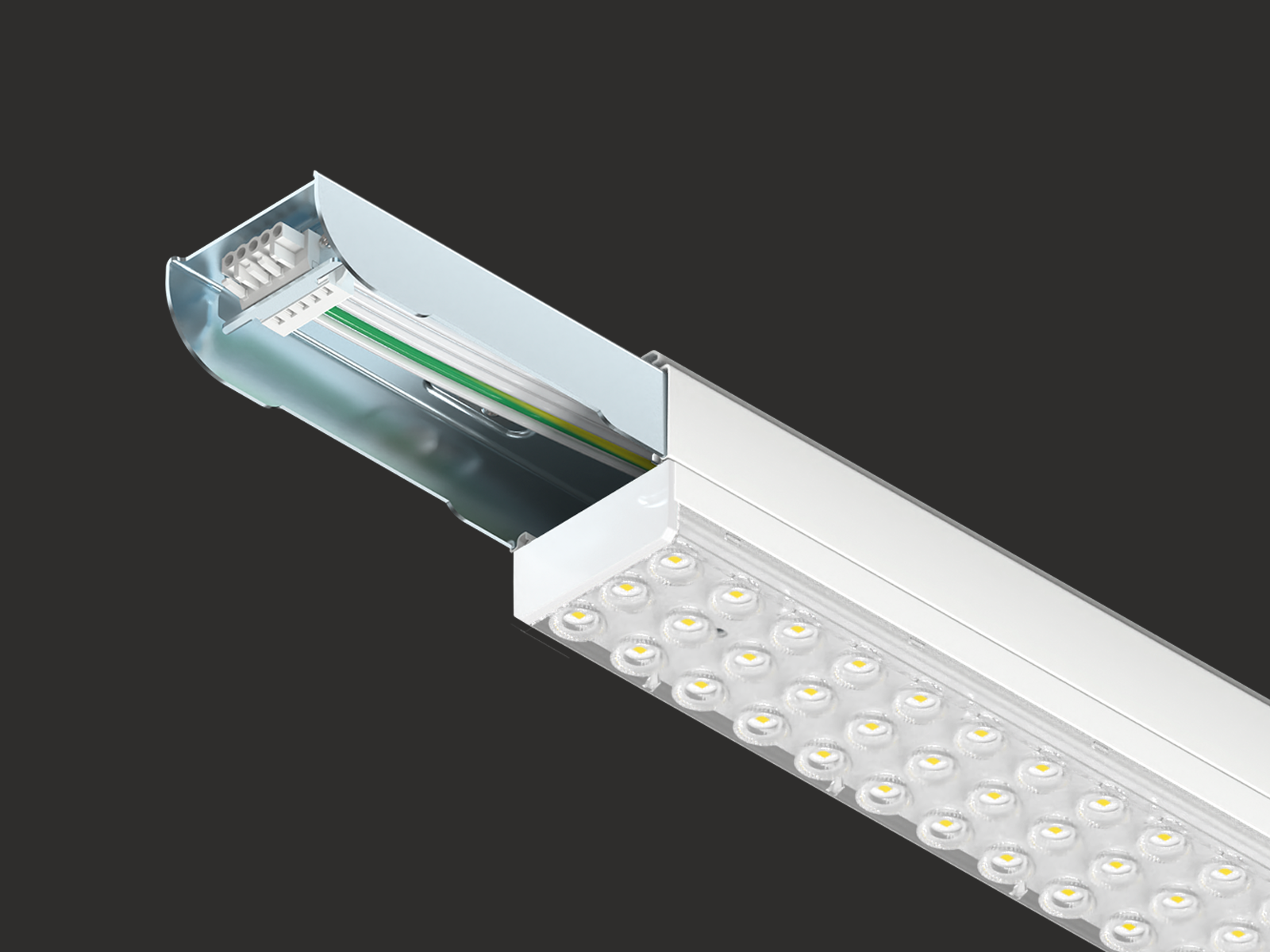 EASYLIGHT LED-Lichtbandsystem von SLVtec® mit geöffnetem Gehäuse und sichtbarer elektrischer Verdrahtung