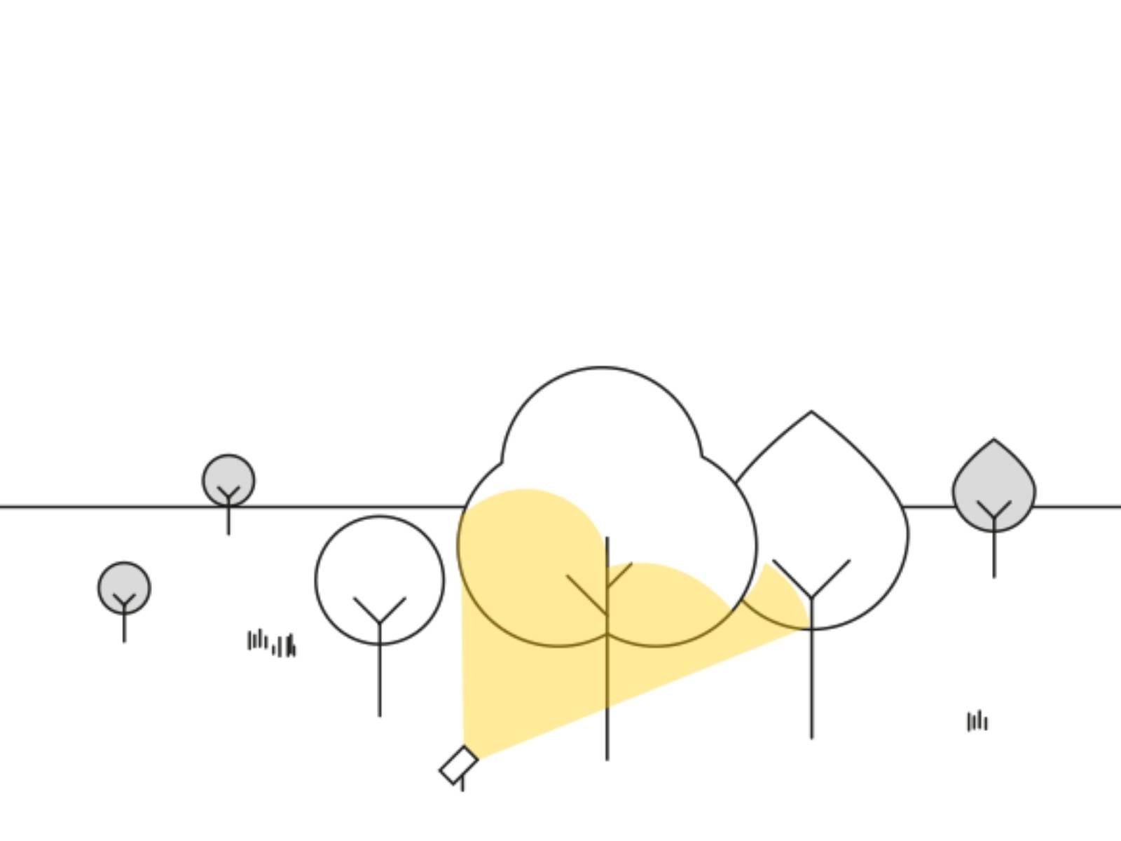 Minimalistische Illustration von Bäumen mit Ästen, wobei ein Baum durch einen gelben Scheinwerfer vor einem einfarbigen Hintergrund hervorgehoben wird.